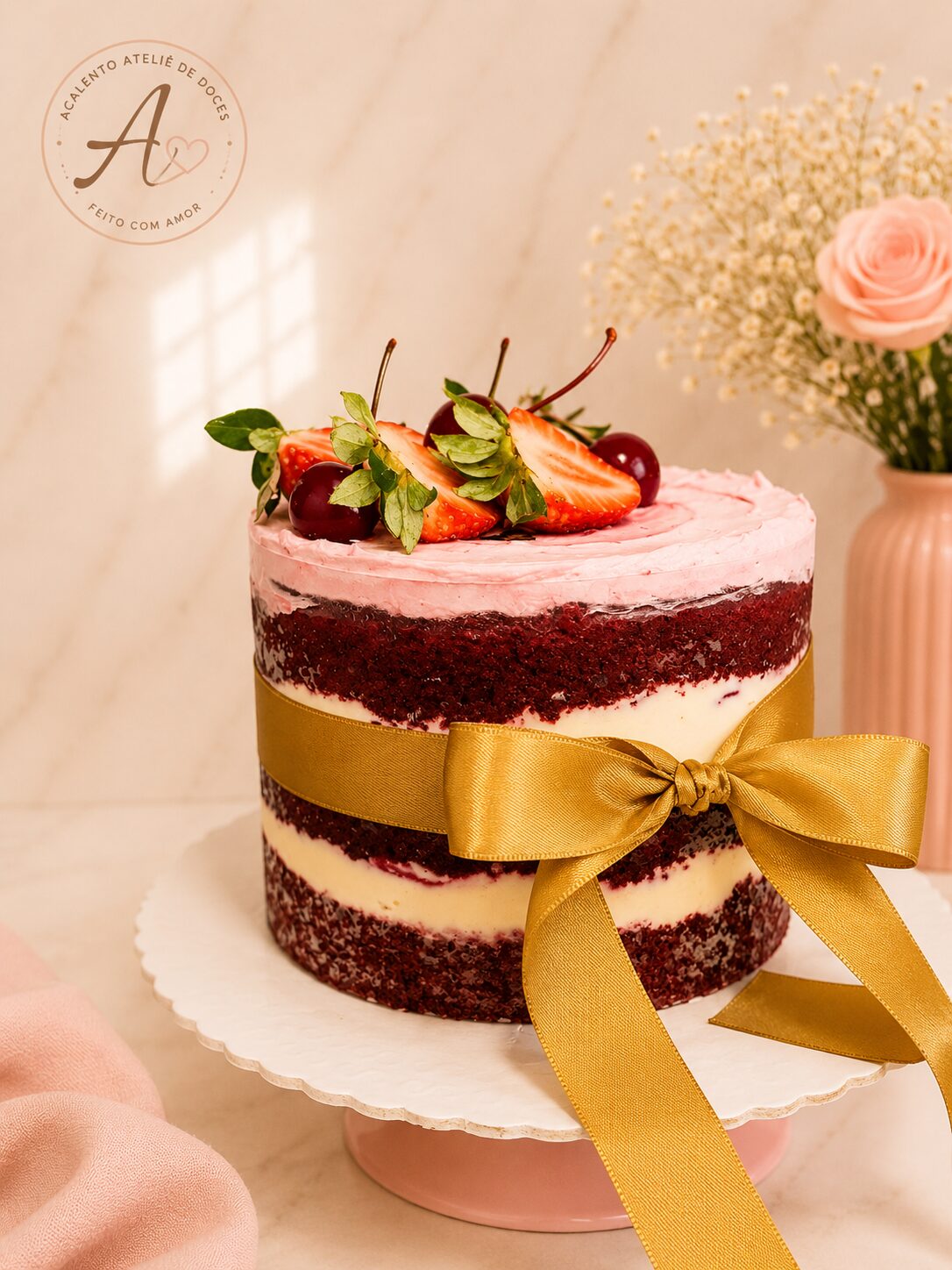 Naked cake vermelho com morangos e cerejas frescas