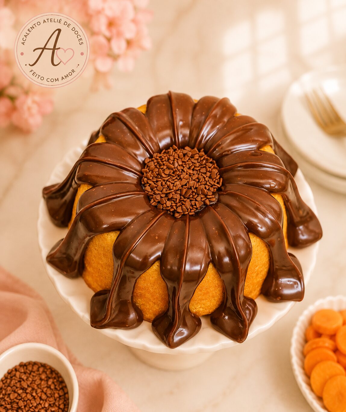 Bolo caseiro com cobertura de chocolate em formato de flor