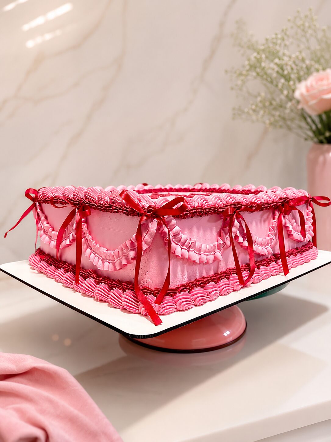 Bolo quadrado rosa em formato de coração com laços